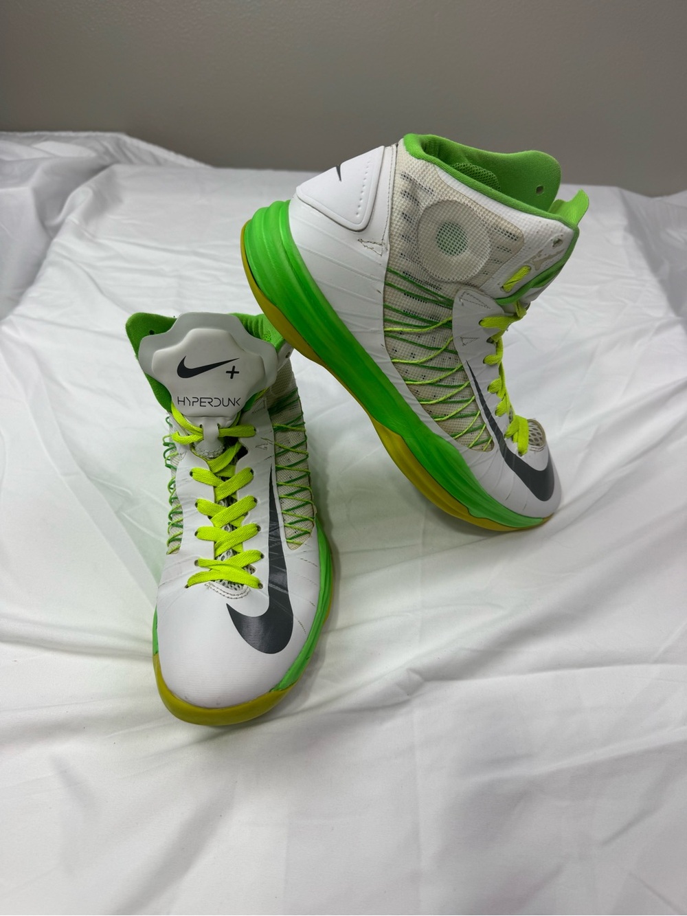 Nike White and Neon Green High-Top Basketball Sneakers